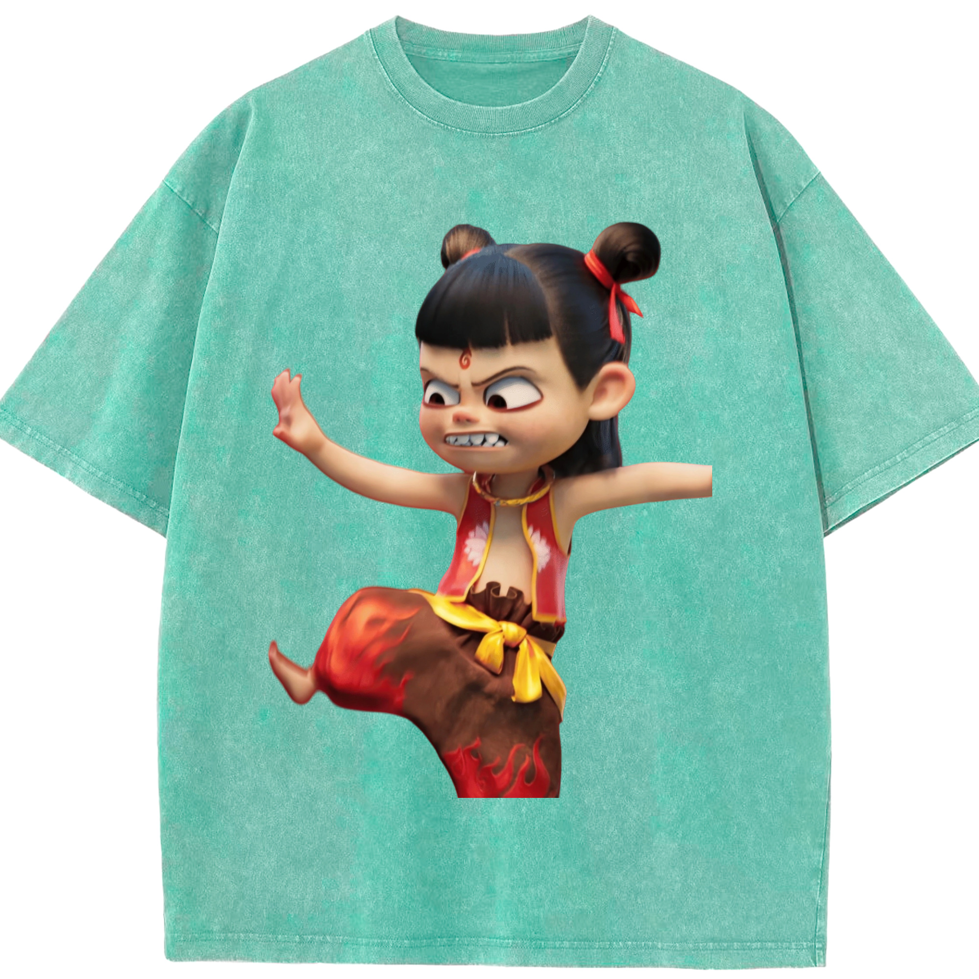 （画像用） Ne Zha 2 ナタ 魔童の大暴れ 綿100% ヴィンテージ風 半袖Tシャツ（フロントプリント）